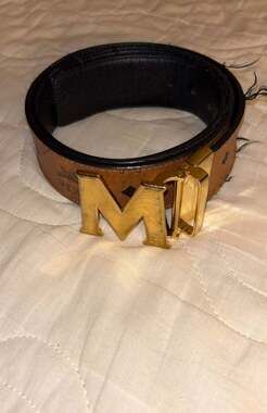 MCM Claus M Reversible Belt in Visetos Cognac and Black with Gold M Buckle